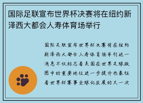 国际足联宣布世界杯决赛将在纽约新泽西大都会人寿体育场举行 国际足联宣布世界杯决赛将在纽约新泽西大都会人寿体育场举行