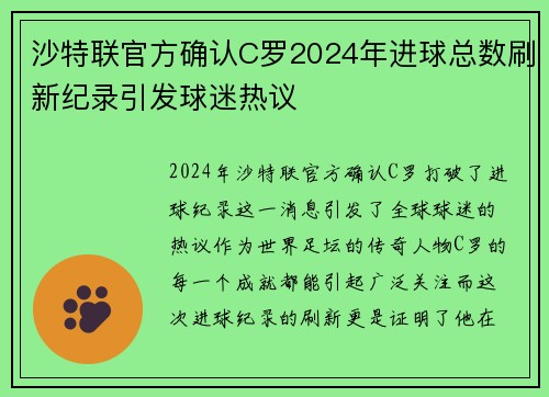 沙特联官方确认C罗2024年进球总数刷新纪录引发球迷热议