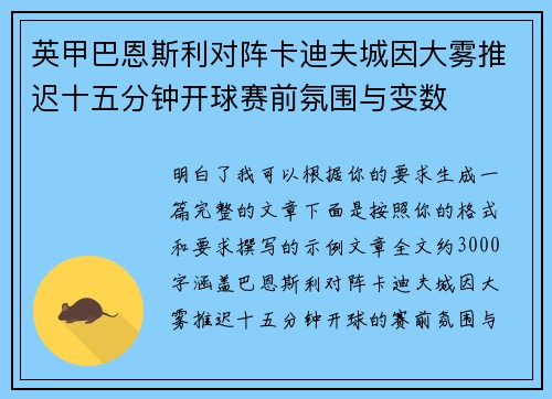 英甲巴恩斯利对阵卡迪夫城因大雾推迟十五分钟开球赛前氛围与变数